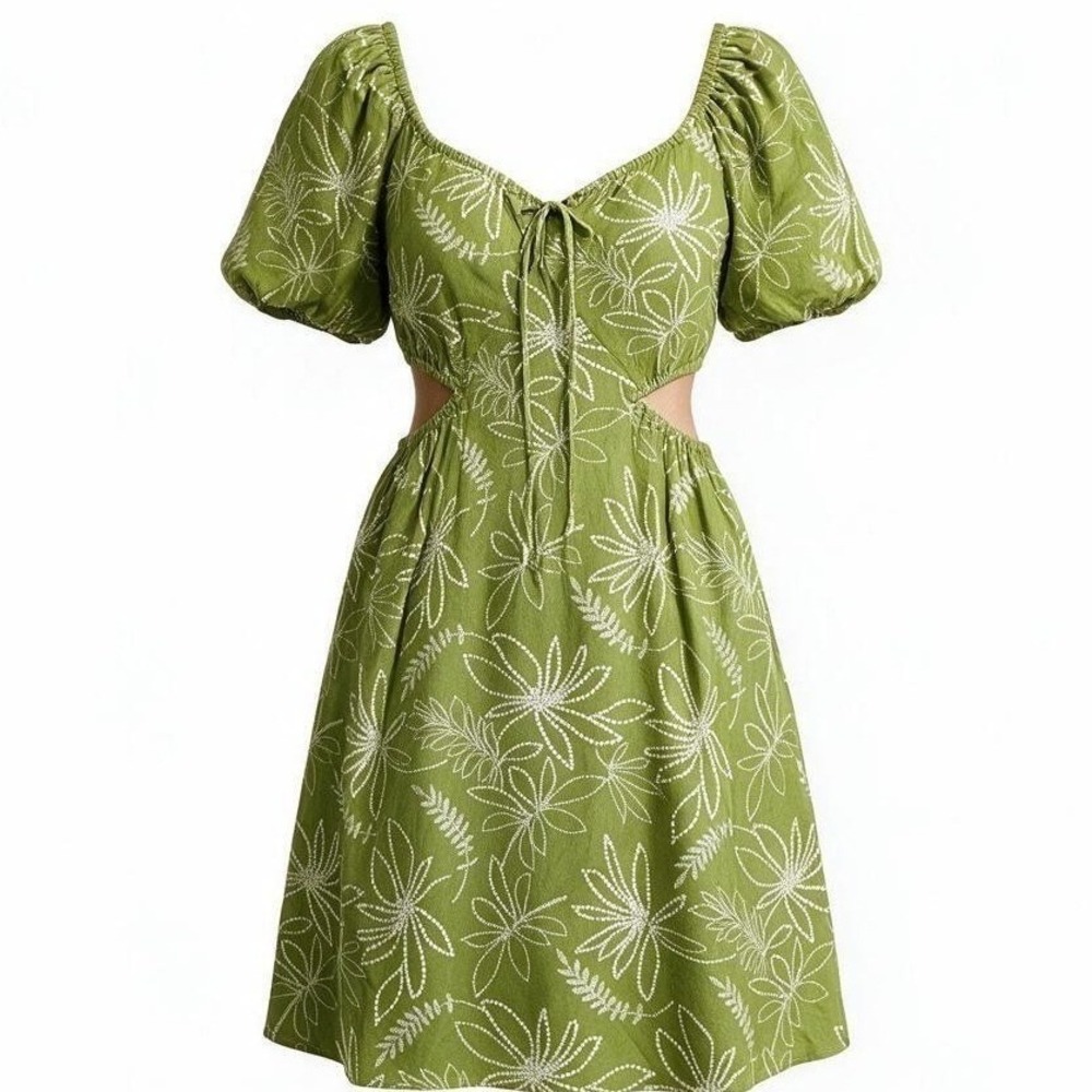 Liberty Love Green Floral Cut-Out Puff Sleeve Mini Dress Womens XL